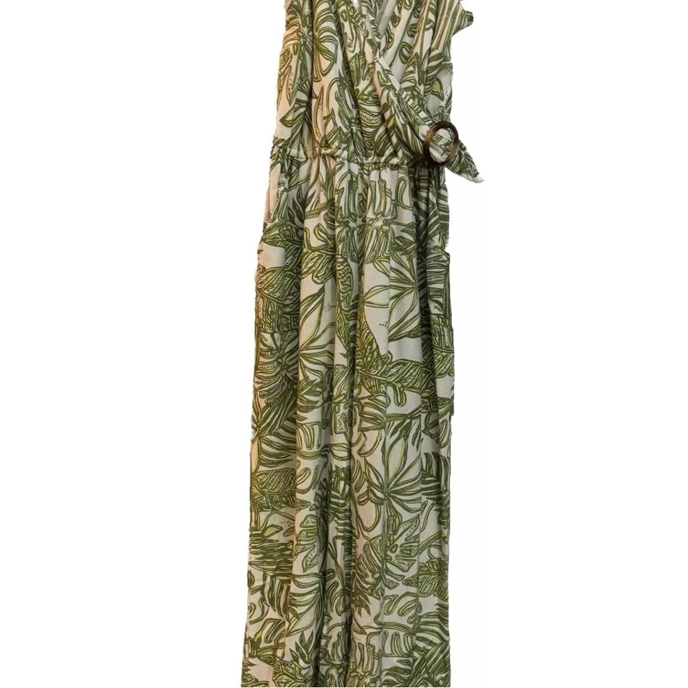 Sincerely Jules Jumpsuit Womens Medium Green Yellow V Neck Hawaiian Rayon Linen